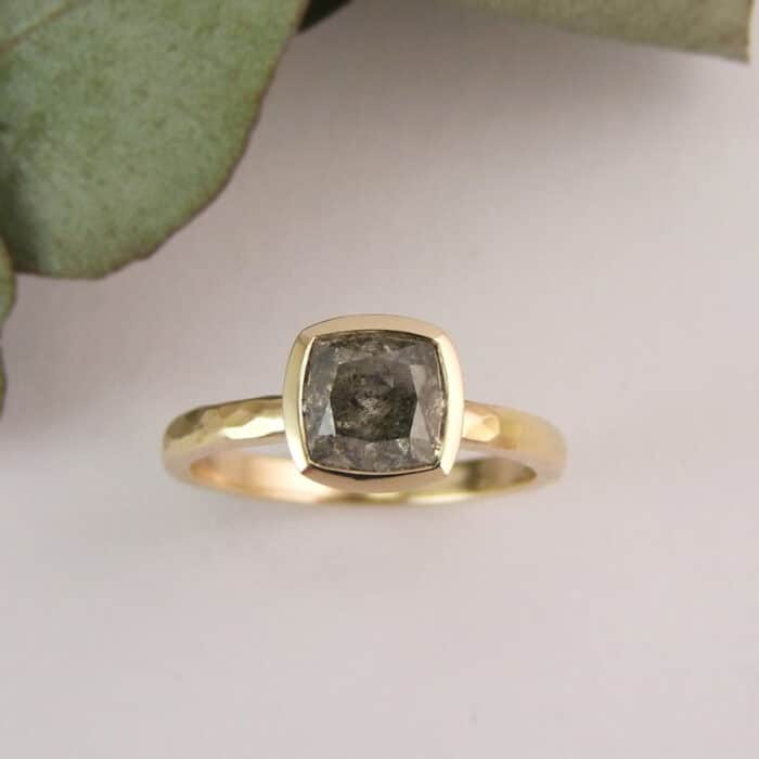 Cushion Cut Salt And Pepper Diamond Ring