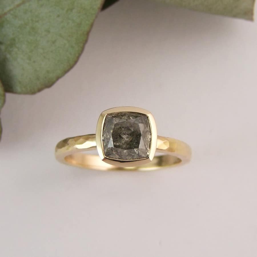 Cushion Cut Salt And Pepper Diamond Ring